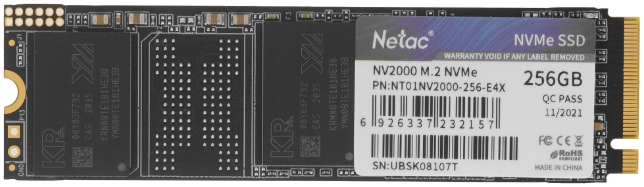 Накопитель SSD M.2 256GB NETAC NV2000 (NT01NV2000-256-E4X) Retail (2500/1000МБ/сек, NVMe PCI-Ex4 3.0, 3D TLC, TBW 150, M.2 2280)